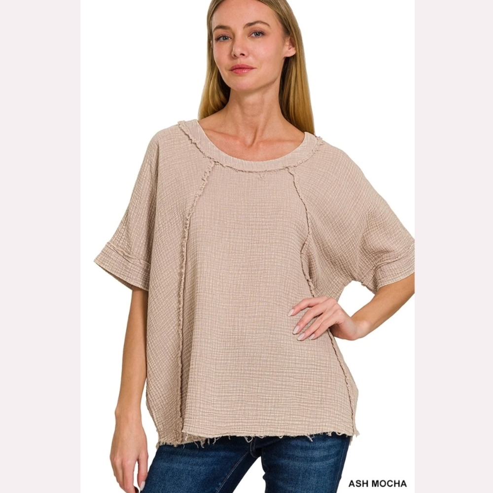 Zenana Outfitters Women's Double Gauze Ash Mocha Top